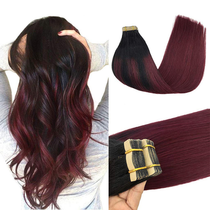 GOO GOO Tape in Hair Extensions Human Hair 199 Balayage Jet Black to Red 16inch 50g 20pcs Thick Ends Straight Seamless T
