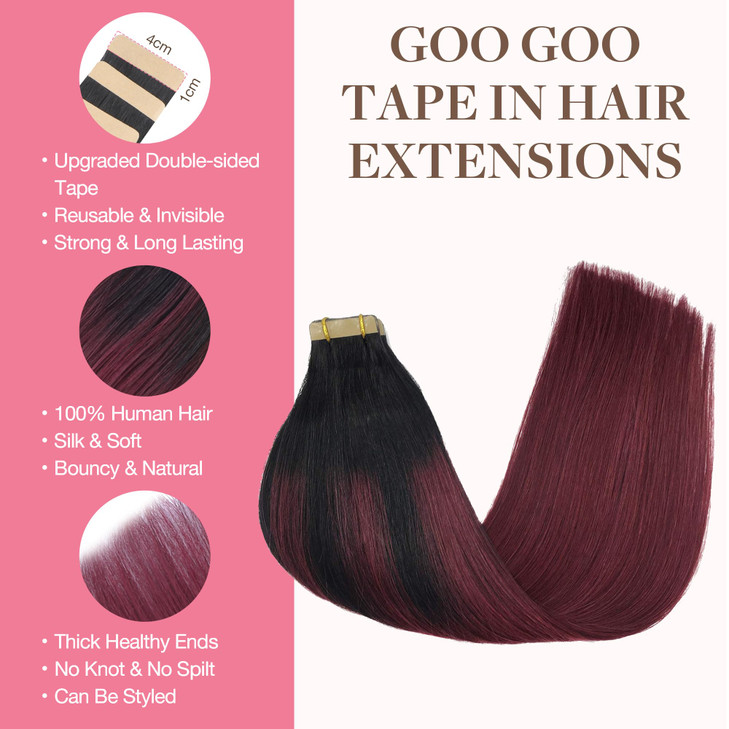 GOO GOO Tape in Hair Extensions Human Hair 199 Balayage Jet Black to Red 16inch 50g 20pcs Thick Ends Straight Seamless T
