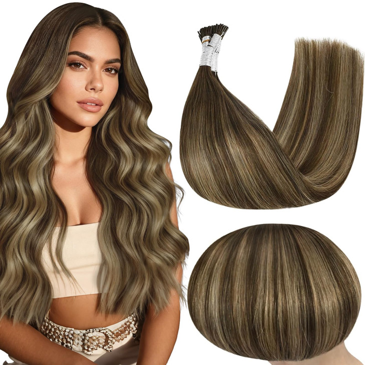 Full Shine Itip Human Hair Extensions 18 Inch 40 Grams Medium Brown to Honey Blonde and Brown I Tip Hair Extensions Real