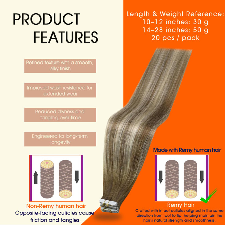 Full Shine Balayage Tape in Hair Extensions Straight Human Hair Extensions 14 Inch Invisible PU Tape in Extensions 6 Che