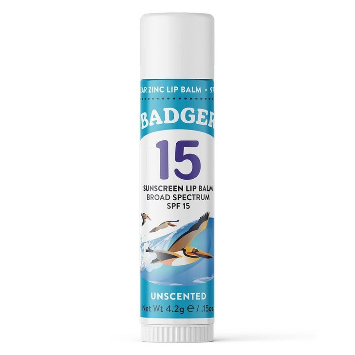 Badger Sunscreen Lip Balm SPF 15, Organic Mineral Sunscreen SPF Lip Balm with Zinc Oxide, Reef Friendly, Broad Spectrum, Water Resistant, Unscented,