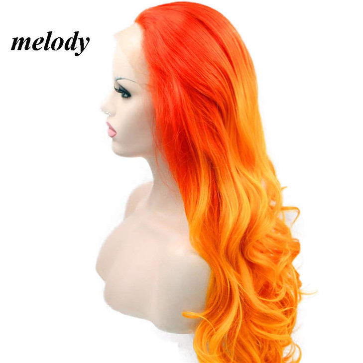 melody wig Orange Ombre Synthetic Lace Front Wigs Red Orange Body Wave Free Part 180 Density Half Hand Tied Heat Resista