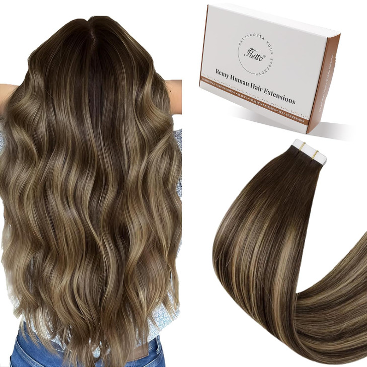Hetto Tape on Hair Extensions Human Hair Tape in Extensions Brown Balayage Caramel Blonde Tape Hair Extensions 18 Inch 5