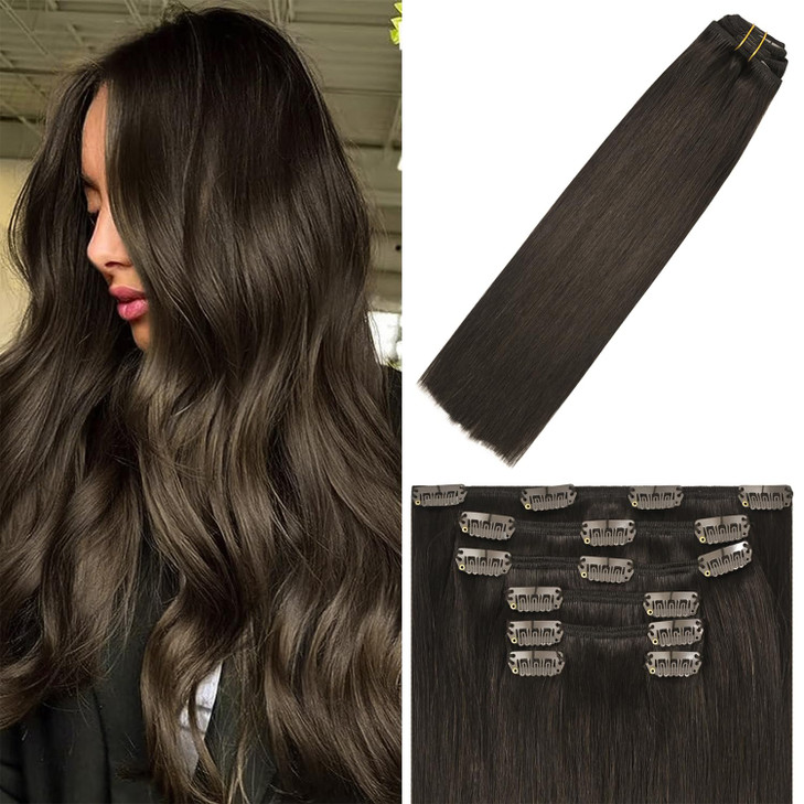 WindTouch Clip In Hair Extensions Real Human Hair Dark Brown Hair Extensions 18Inch 75g 2 7PCS Human Hair Clip in Extens