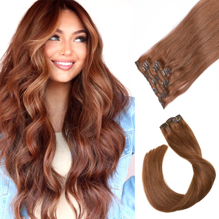 Clip in Hair Extensions Human Hair 7pcs 70g Set 30 Medium Auburn Silky Straight Top Grade 7A Remy Extensions Clipin Hair