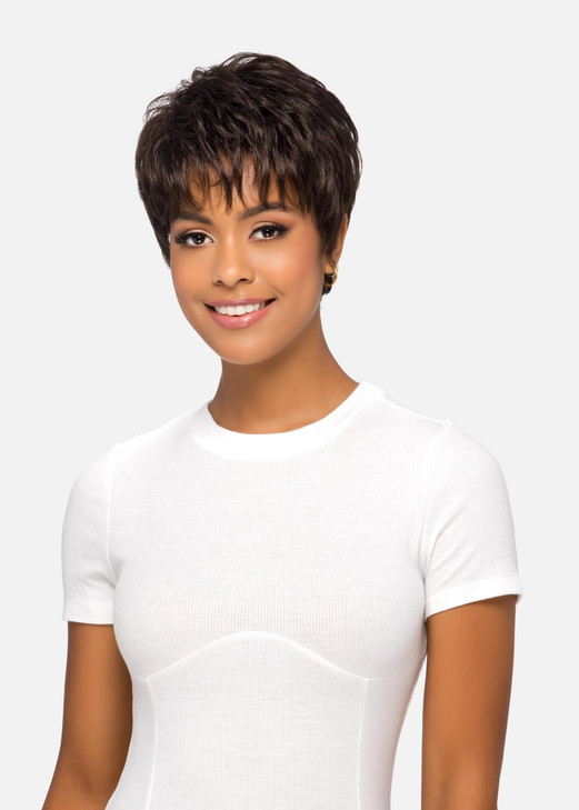 Vivica A Fox AMYV Heat Resistant Fiber Pure Comfort Cap Layered Short Pixie Style with Tapered Back Full Wig 44 Charcoal
