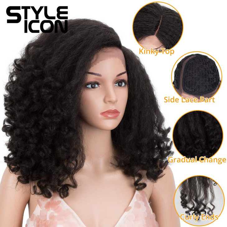 Style Icon 14 Afro Wigs Short Curly Wigs for Black Women Lace Front Side Part Synthetic Wigs 14 Inches 1B