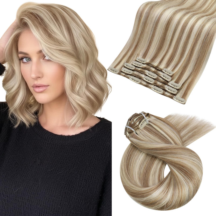 Moresoo Human Hair Clip in Extensions Blonde Highlights Brown Real Human Hair Extensions Clip ins Platinum Blonde with M