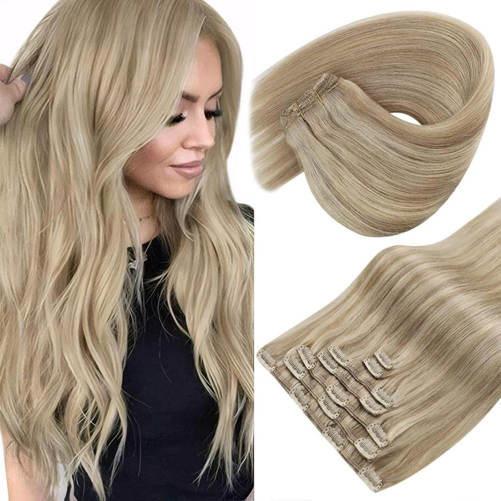 Sunny Hair Clip in Hair Extensions Real Human Hair Remy Hair Clip in Extensions for Women Human Hair Extensions Dark Gol