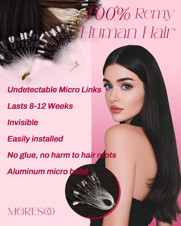 Moresoo Micro Bead Hair Extensions Real Human Hair Brown Micro Link Hair Extensions Human Hair 20 inch Straight 57g Micr
