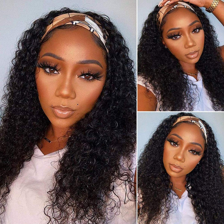 Celiarita Headband Wig Human Hair Deep Wave 18 inch None Lace Front Wig Human Hair Machine Made Wigs Glueless Curly Hair