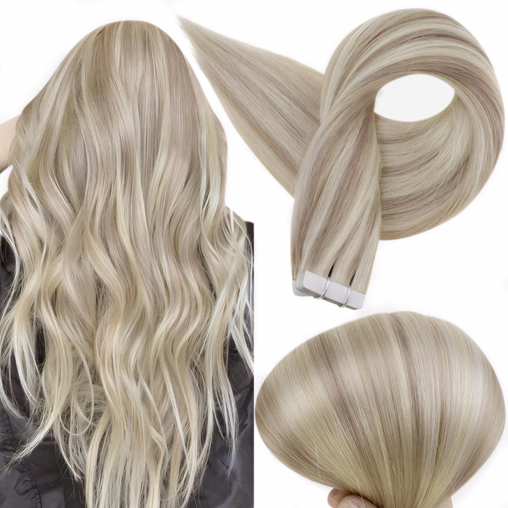 Full Shine Tape in Remy Hair Extension Color 18 Ash Blonde Highlighted 613 Bleach Blonde Hair Extensions Tape ins 14 Inc
