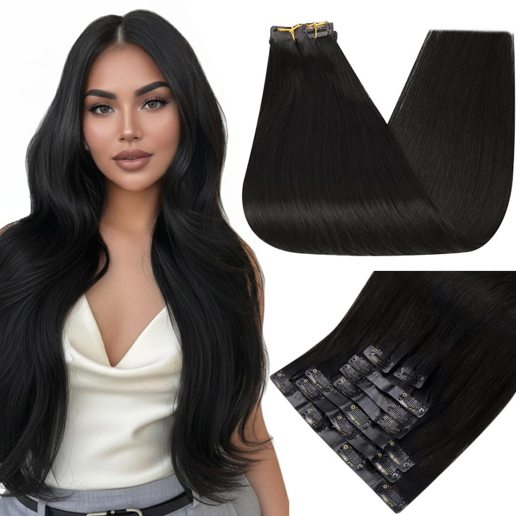 Full Shine Black Seamless Clip in Hair Extensions Human Hair Invisible Clip ins for Short Hair Seamless PU Weft Straight