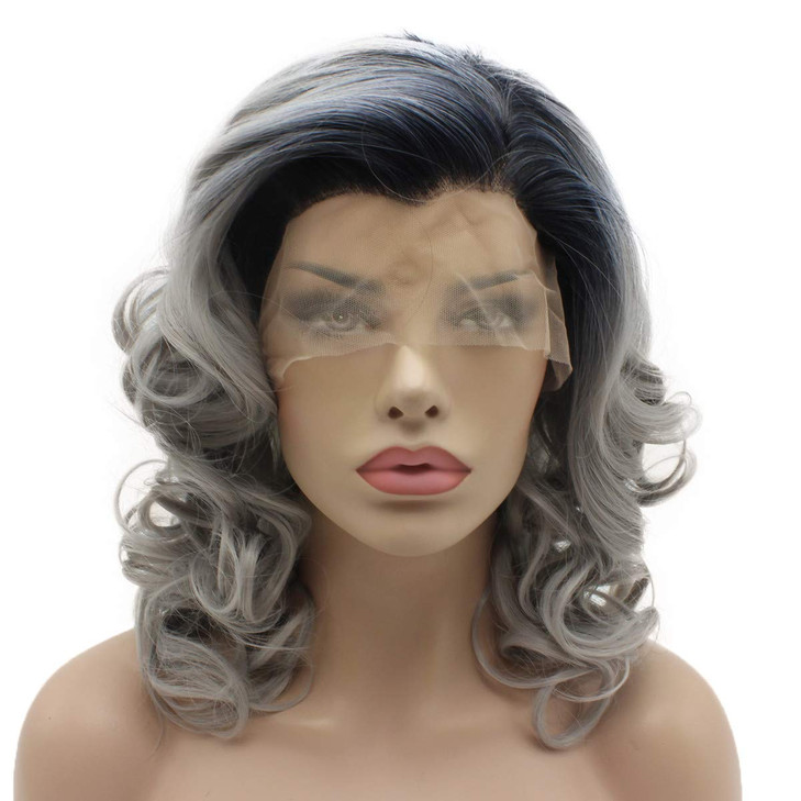 Lushy Lace Front Synthetic Wig Wavy Medium Length 16inch Dark Root Gray Ombre Wig Heavy Density Heat Resistant Realistic