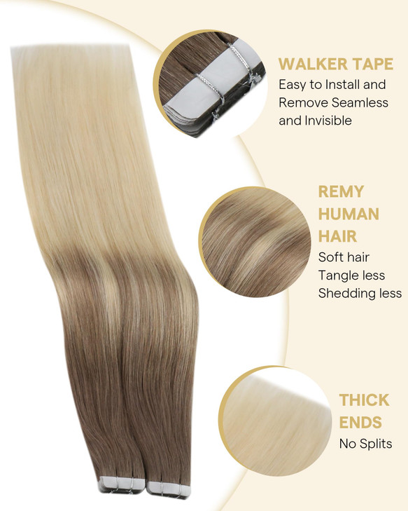 Ve Sunny Hair Extensions Tape in 16inch Tape in Human Hair Extensions Light Brown Ombre Platinum Blonde Tape Extensions