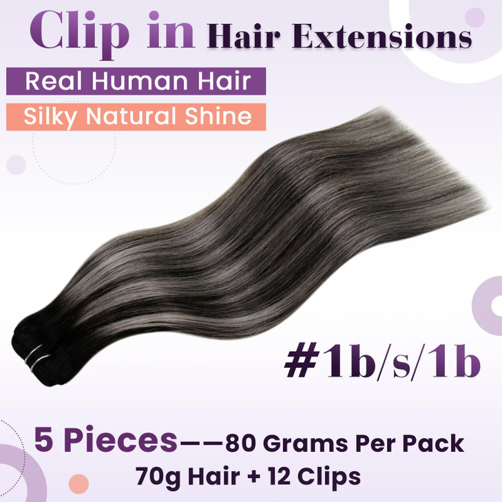 LaaVoo Clip in Hair Extensions Ombre Black to Silver Grey Balayage Hair Extensions Clip ins Black Balayage Silver Human