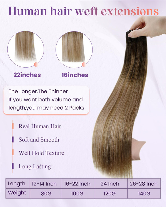LaaVoo Weft Hair Extensions Human Hair Brown Balayage Sew in Hair Extensions Darkest Brown Balayage Medium Brown Mix Ash