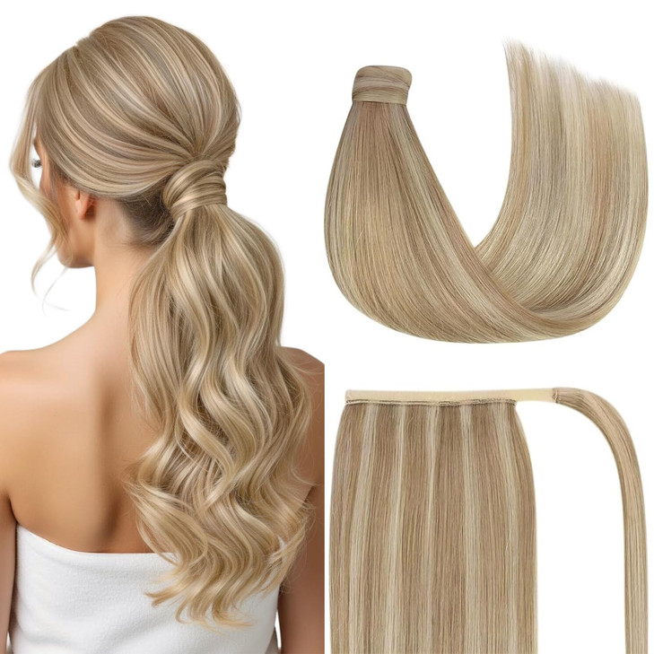 Ve Sunny Blonde Hair Extensions Ponytail Real Human Hair Highlight Clip in Pony Tails Hair Extensions Wrap Around Remy H