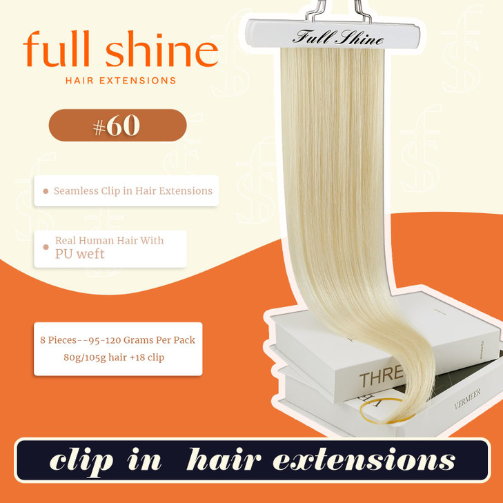 Full Shine Seamless Clip in Hair Extension Blonde Short Hair Extensions Clip in Platinum Blonde Hair for Women Clip in E