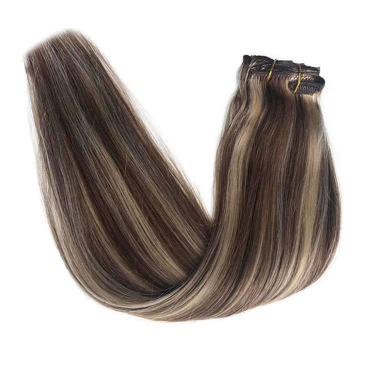Blayage Clip inon Hair Extensions Double Weft Brazilian Hair 22 120g Ombre 6 Chestnut Brown and 613 Bleach Blond Highlig