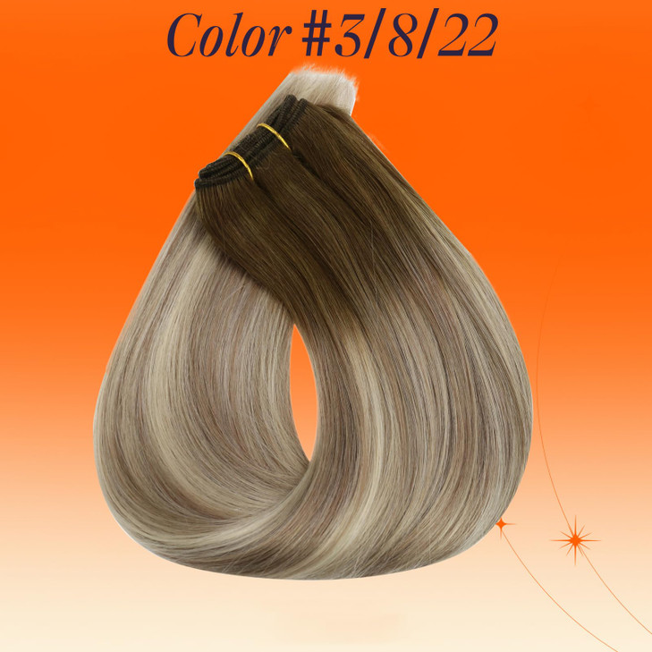 Full Shine Hair Extensions Real Human Hair Sew In Hair Extensions Weft Color 3822 Olive Brown to Ash Brown Highlight Med