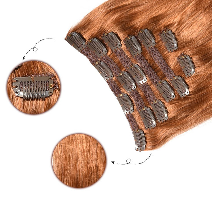 Clip in Hair Extensions Human Hair Brazilian Virgin Hair Double Weft Full Head Straight 7 Piecesset 100g 16 Copper Red