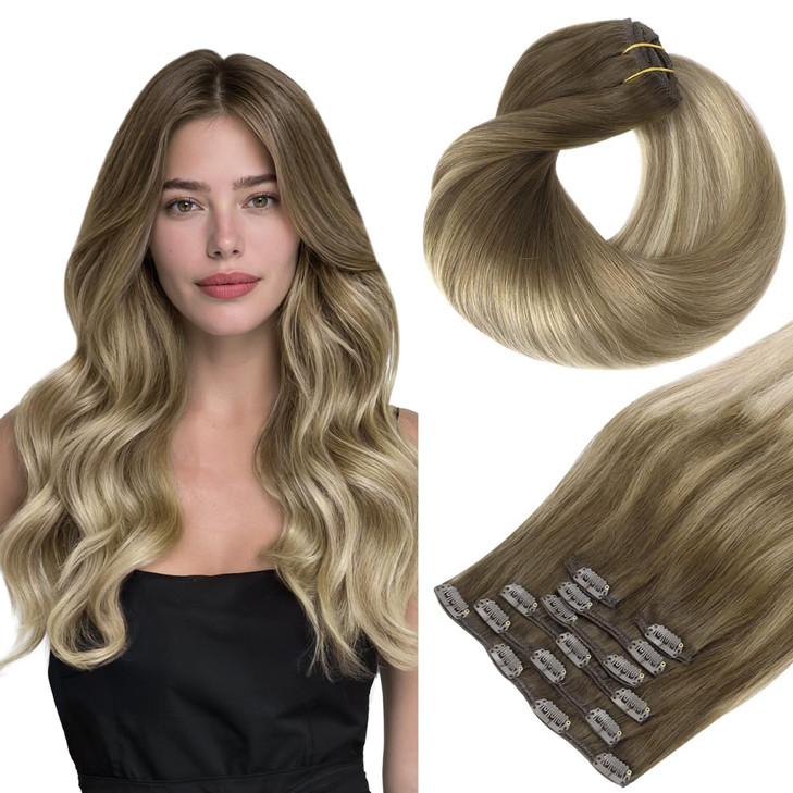 HOTBANANA Human Hair Clip in Hair Extensions Ombre Walnut Brown to Ash Brown and Bleach Blonde 120g Clip in Hair Extensi