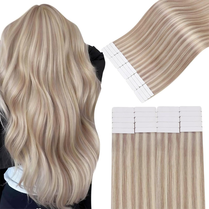 Easyouth Tape in Human Hair Extensions Highlight Invisible Tape in Hair Extensions Ash Blonde Highlight Bleach Blonde Hu