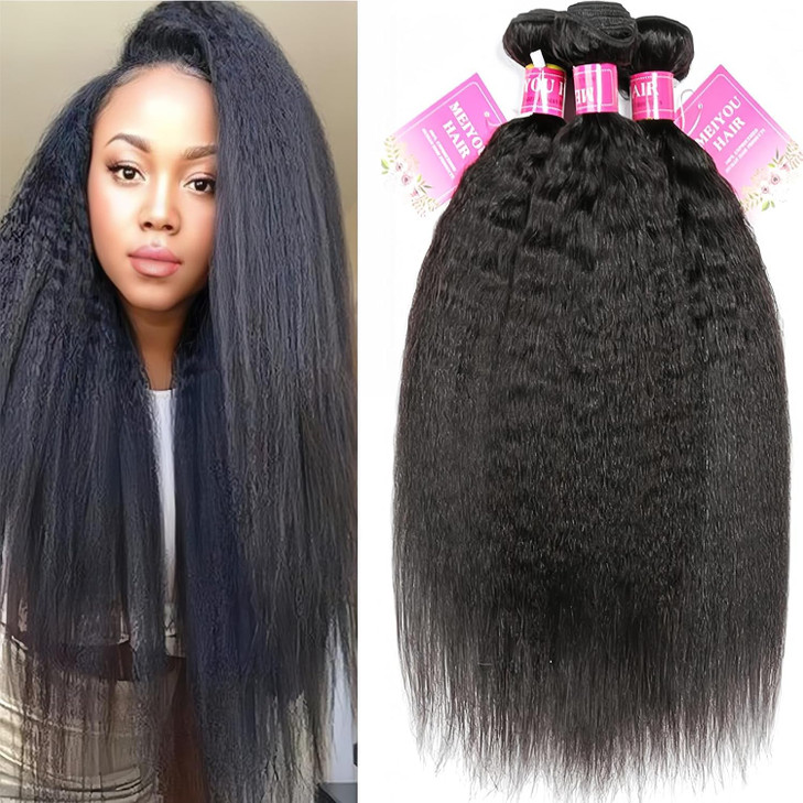 Mei You 12A Kinky Straight Hair 3 Bundles Yaki Human Hair Weave Unprocessed Brazilian Virgin Remy Sew in Hair Extensions