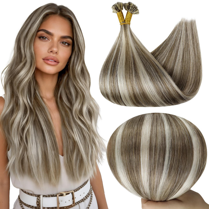 Full Shine Keratin Tip Hair Extensions Real Human Hair Ash Brown Highlight Blonde Utip Human Hair Extensions 20 Inch Lon