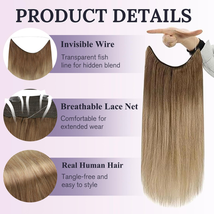 Fshine Invisible Wire Hair Extensions Ombre Light Brown to Dirty Blonde Wire Hidden Hair Extensions 16 Inch Clip in One