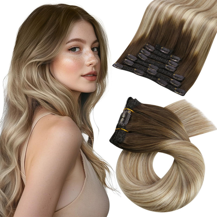 Moresoo Hair Extensions Clip in Human Hair Balayage Double Weft Clip in Hair Extensions Human Hair Ombre Brown to Light