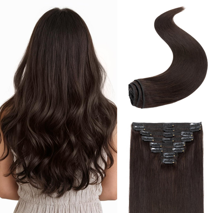 Snoilite 8PCS Clip in Hair Extensions Real Human Hair Dark Brown Clip In Hair Extensions 18 Inch 140g Straight Double We