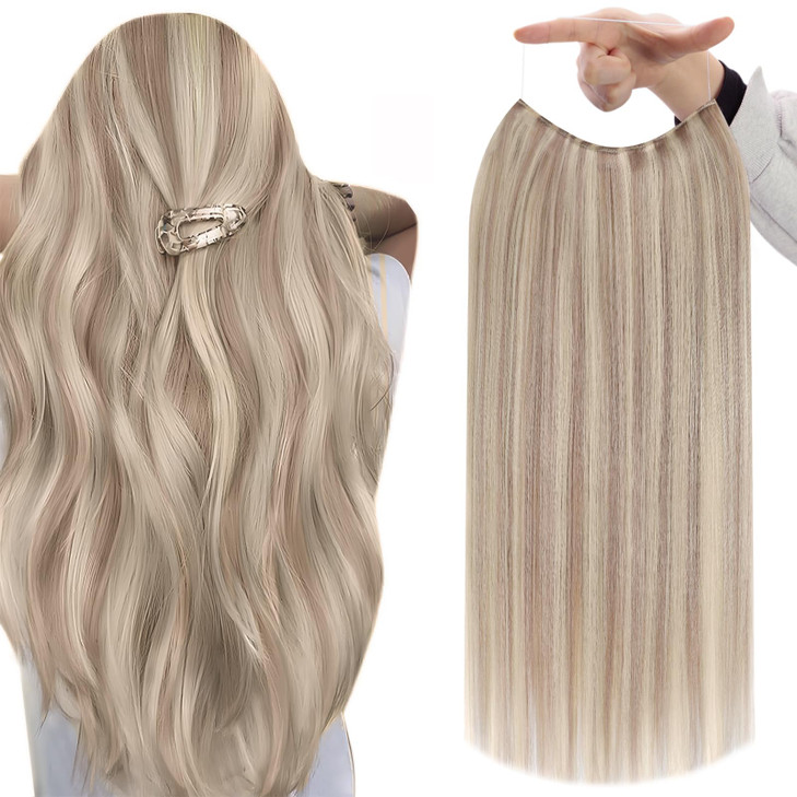 Fshine Invisible Wire Hair Extensions 18 Inch 86 G Ash Blonde Highlighted Bleach Blonde Fish Line Wire Human Hair Extens