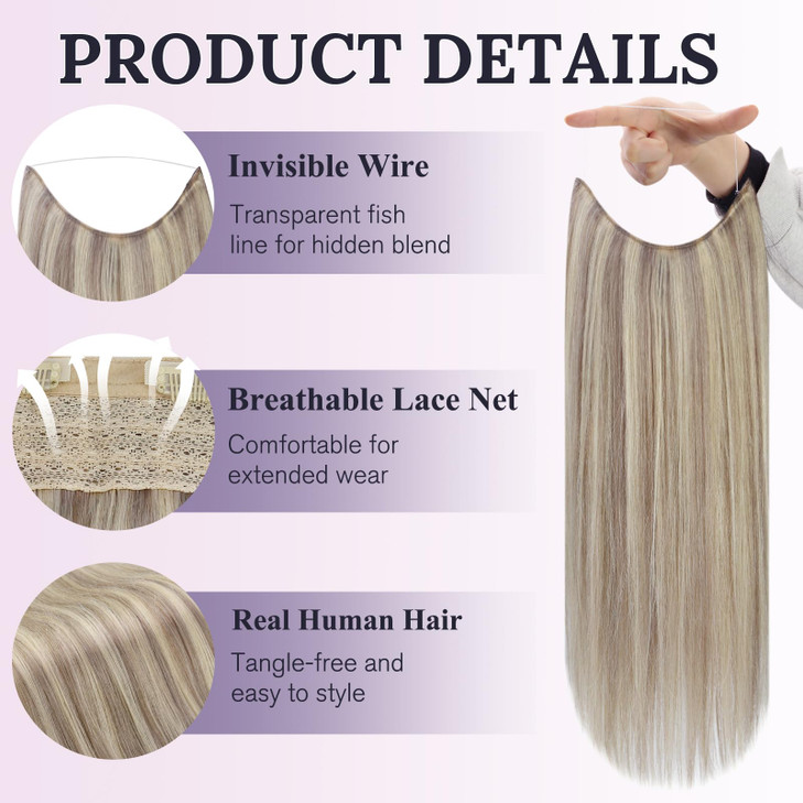 Fshine Invisible Wire Hair Extensions 18 Inch 86 G Ash Blonde Highlighted Bleach Blonde Fish Line Wire Human Hair Extens