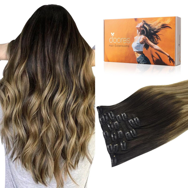 DOORES Human Hair Extensions Clip in Balayage Dark Brown Fading to Chestnut Brown and Dirty Blonde 18 Inch 7pcs 120g Cli