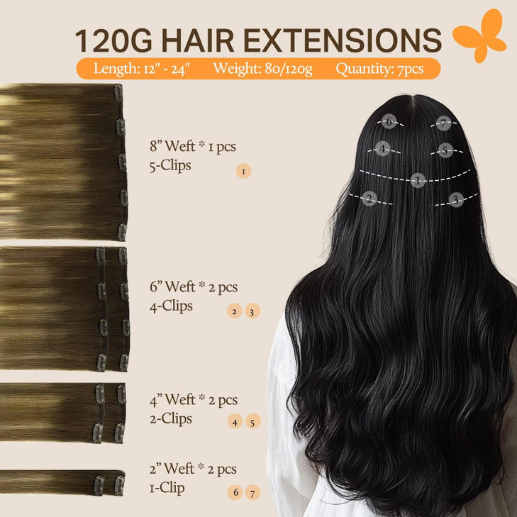 DOORES Human Hair Extensions Clip in Balayage Dark Brown Fading to Chestnut Brown and Dirty Blonde 18 Inch 7pcs 120g Cli