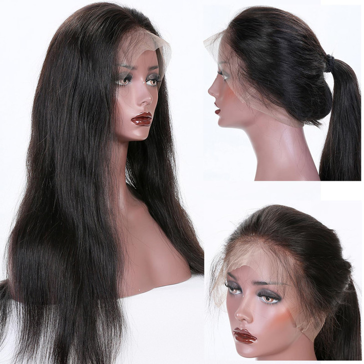 KUN 360 Lace Wigs Natural Straight Brazilian Virgin Human Hair Wigs with Pre Plucked Natural Hairline Slightly Bleached