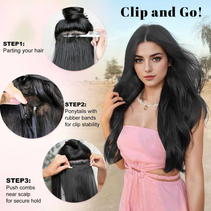 ALXNAN Clip in Hair ExtensionsBlack Thick Long Straight Layered 20 Inch Soft Lace Weft Hair Extensions for Women