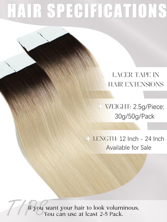 Lacer Tape in Hair Extensions Real Human Hair Natural Rooted Darker Brown to Platinum Blonde Hair Extensions Tape ins Do