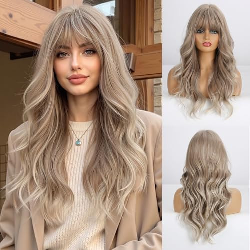 Esmee Long Wavy Brown Blonde Ash Gray Wigs for Women with Fringe Natural Synthetic Hair Wig for Daily Party Use