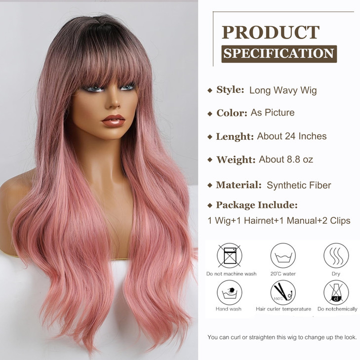 Esmee 24 Women Synthetic Wigs Natural Long Wavy Ombre Pink with Dark RootsFluffy Air Bangs Light Cosplay Party Wigs
