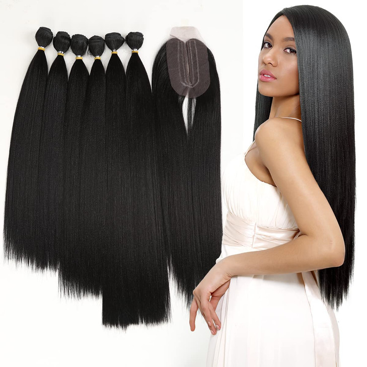 DBUT Synthetic Hair 6 Bundles with Simple Closure Yaki Straight Weave Heat Resistant Kinky Straight 7pcs High Temperatur