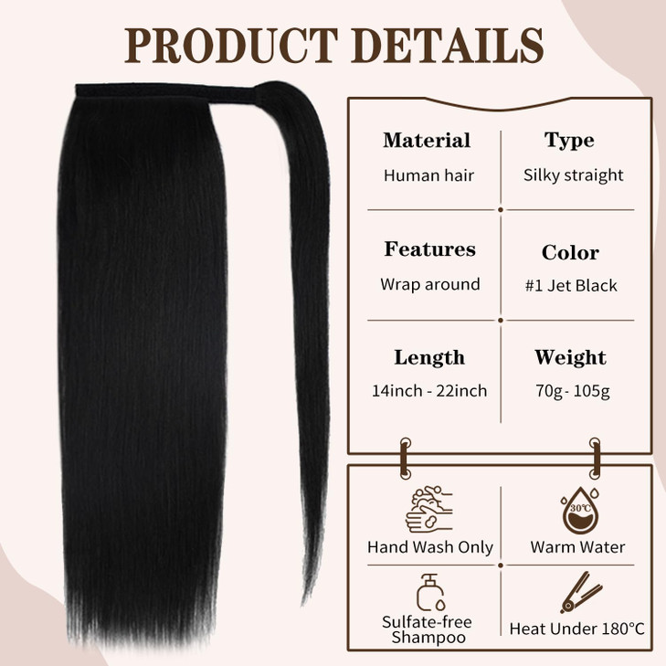 14 Human Hair Ponytail Extension 70g 1 Jet Black 100 Remy Human Hair Wrap Around Long Ponytail Clip in Hair Extensions S