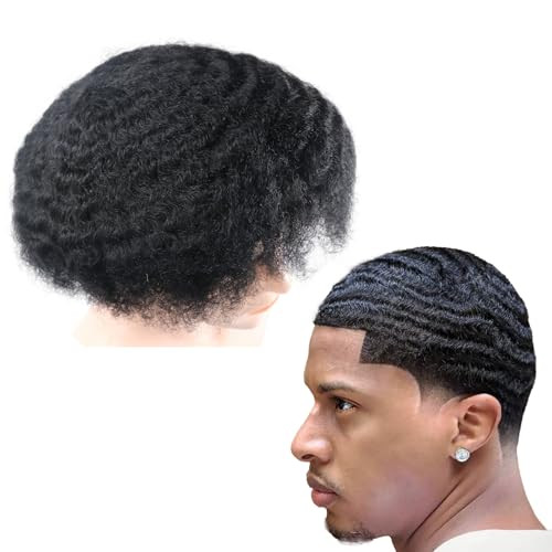 lumeng Men Unit Short Afro Kinky Curly Male Toupee Human Hair Wigs 10MM Mens Wave Kinky Curly Full Lace Wig for Men Hair