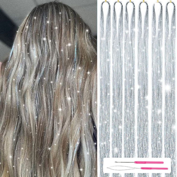 MISSUHUI Hair Tinsel Kit With Tools 48 Inch 1200 Strands Glitter Tinsel Hair Extensions Sparkling Shiny Hair Tinsel Stra