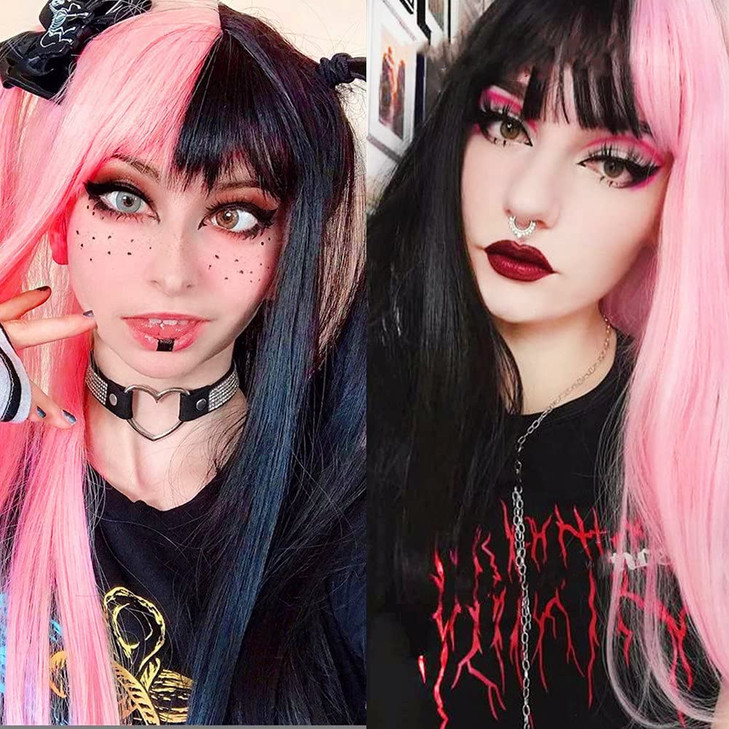 Swiking Lolita Wig Half Pink Half Black Long Straight Cosplay Wig With Bangs Natural Synthetic Hair