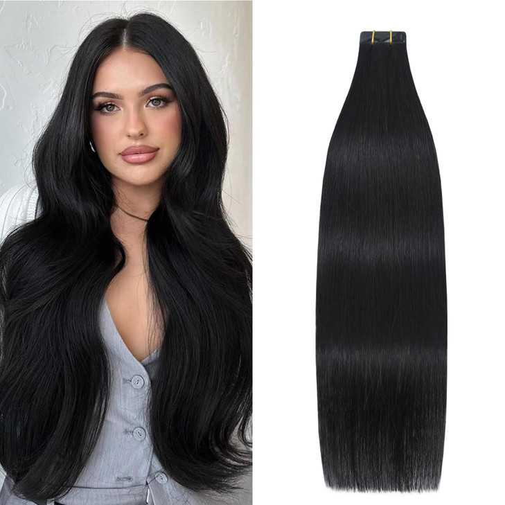 Aison Natural Black Tape in Hair Extensions Human Hair 18 Inches 40g 20 PcsPack Tape ins Human Hair Extensions Silky Str