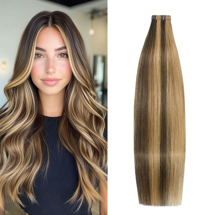Aison Highlight Chocolate Brown to Caramel Blonde Tape in Hair Extensions Human Hair Extensions Silky Straight for Women