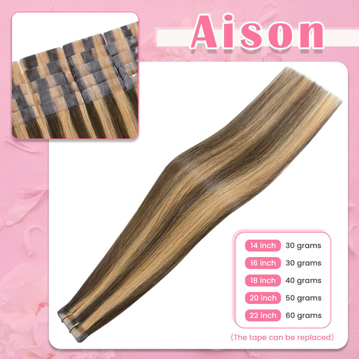 Aison Highlight Chocolate Brown to Caramel Blonde Tape in Hair Extensions Human Hair Extensions Silky Straight for Women